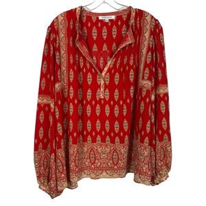 Rose + Olive Red Chiffon Bohemian Pattern Puff Sleeve V-Neck Blouse Mandala XL
